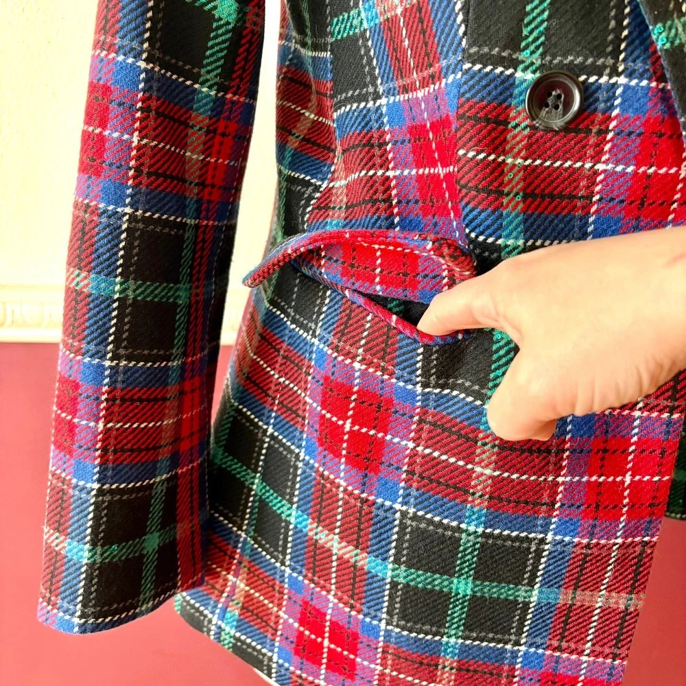 New Talbots Petite Tartan Plaid Sequin Wool Blend Double Breasted Open Blazer 2P